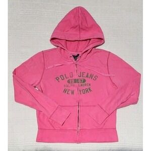 Polo Ralph Lauren Jeans Company Full Zip Hoodie Flap Print Women's M Pink Preppy
